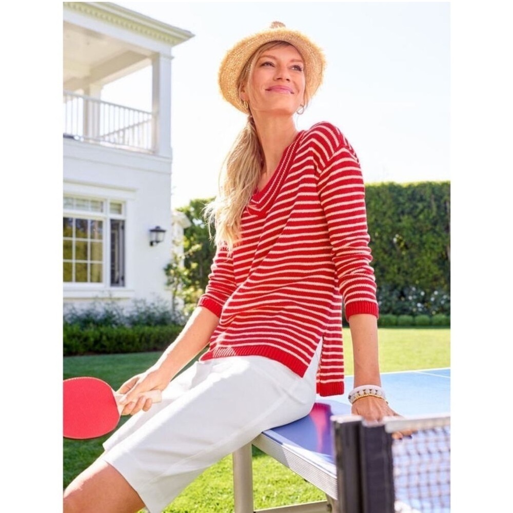 Talbots Linen Cotton Blend V-Neck Nautical Red and White Striped Sweater size L